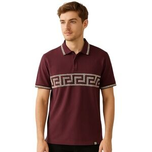 Luxury‎ Casa Burgundy Polo Shirt with Gold Greek Key Pattern Men's M NWT